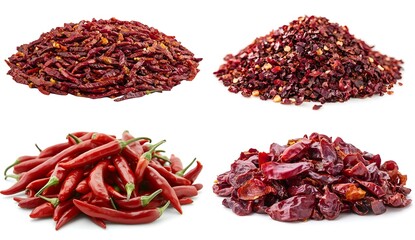 Four piles of dried and fresh red chili peppers and crushed red pepper flakes isolated on white