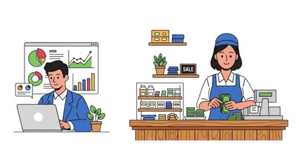 High-quality black outline colorful art of a digital marketer analyzing charts on a screen beside a shopkeeper counting cash at a counter, business and marketing professions, minimalistic illustration