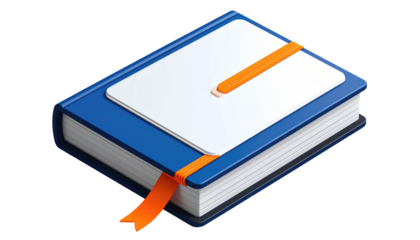 Isometric view of a closed, rectangular notebook. It has a blue cover, a white paper sheet, and an orange bookmark