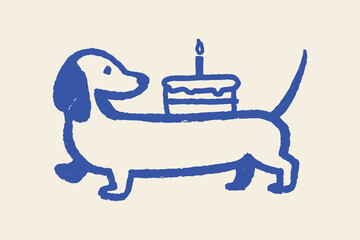 Dachshund With Birthday Cake Minimal Flat Vector Illustration