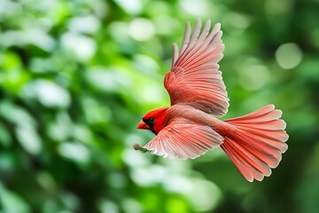 Bright red male cardinal bird in mid flight with spread wings in green forest red cardinal bird in flight