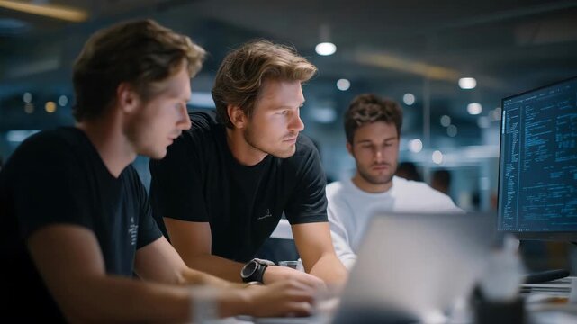 A behind-the-scenes tech scene with software engineers huddled around a whiteboard filled with diagrams while another team tests code on laptops &mdash; innovation workflow, product development process,