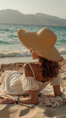 Relaxed summer woman on sandy beach wearing straw hat and lace dress