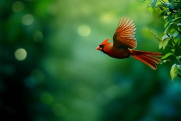 Bright red cardinal bird in mid flight with spread wings in lush green foliage wildlife flying