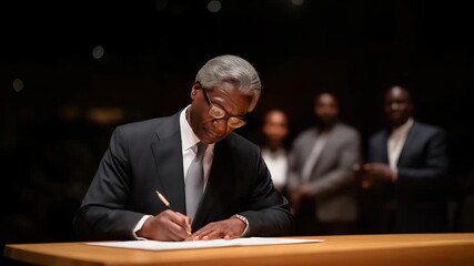 A diplomat signing a historic international treaty at a polished wooden table as observers and photographers watch — ceremonial global agreement, cross-nation cooperation, and pivotal diplomatic