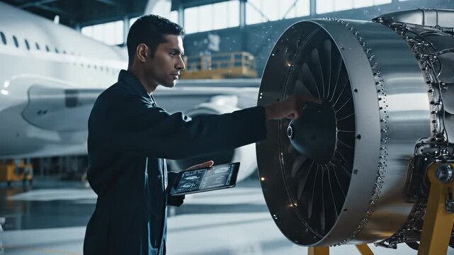 Engineer inspects aircraft engine with tablet in maintenance hangar. Technician uses tablet for turbine inspection. Engineer checks aircraft engine. Maintenance work on turbine in hangar.