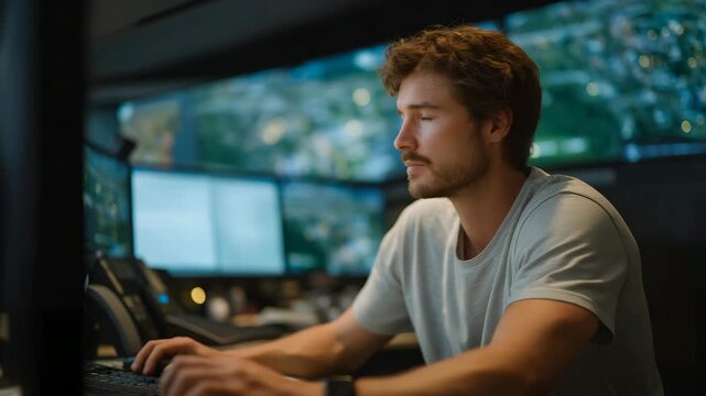 A dispatch manager coordinating emergency utility crews during a storm, screens displaying outage zones, weather tracking, and crew positions &mdash; critical infrastructure response, real-time crisis