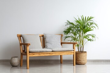 Wooden garden bench furnishes a bright, modern interior space with natural accents