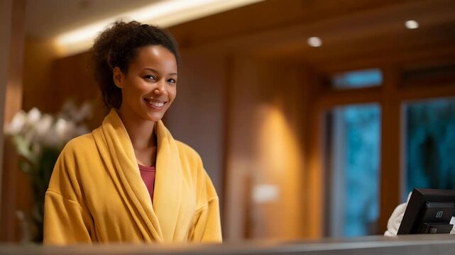 A friendly staff member at a spa reception offering herbal tea and a warm towel as soothing music plays in the background &mdash; high-end wellness hospitality, calming customer experience, and premium