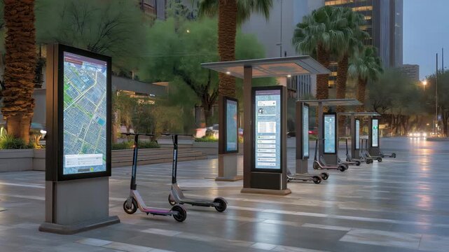 A futuristic transportation hub filled with autonomous buses, e-scooters, and digital wayfinding screens guiding commuters &mdash; seamless smart-city mobility, interconnected transit systems, and