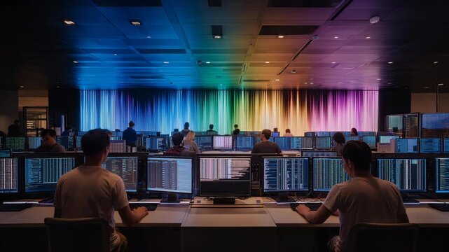 A high-performance computing lab filled with liquid-cooled servers, glowing LED arrays, and engineers monitoring real-time simulation speeds on massive screens &mdash; advanced HPC infrastructure,