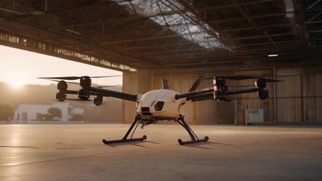 A high-performance drone fleet running synchronized flight tests in a wide industrial hangar, technicians adjusting rotors and aerodynamics for maximum agility &mdash; unmanned aerial systems, robotics