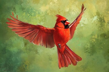 Vibrant red cardinal bird in mid flight with outstretched wings against green textured background wildlife