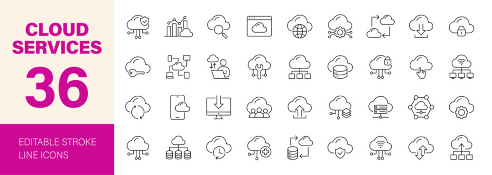 Cloud services icon set. Editable line icons. Vector illustration.