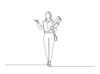 One Line Drawing of Female Architect Holding Blueprint Plan. Professional woman, likely an architect standing while holding a large rolled-out blueprint