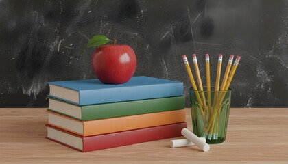 A still life of colorful books and pencils on a wooden desk with a red apple on top in front of a blackboard