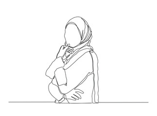 One Line Drawing of Beautiful Woman Wearing Hijab in Profile. young Muslim woman wearing a traditional hijab headscarf line art.