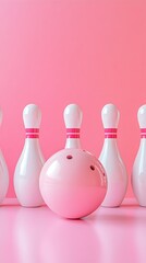 Pink bowling ball and pins on vibrant pink background