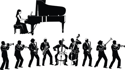 Silhouette set of jazz musicians playing instruments, including piano, saxophone, trumpet, and cello, vector illustration of orchestra band performing isolated on white background. © MstBeauti