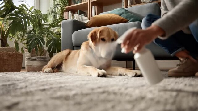 Medium shot of a person spraying enzymebased deodorizer on a carpet to eliminate persistent pet odors in a cozy living room
