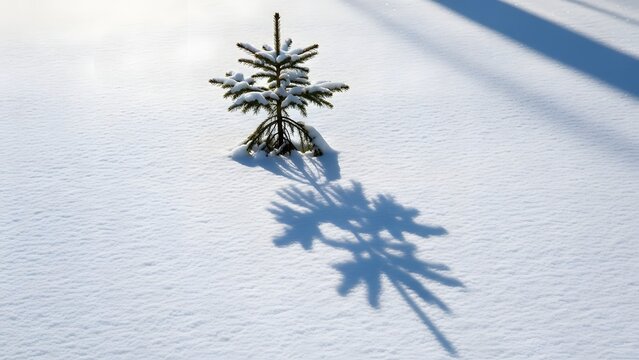 Small pine tree casting a shadow on snowy ground with pure white background