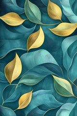 Abstract green and gold textured leaves pattern with flowing wavy shapes