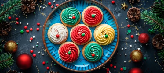 Festive flat lay of christmas cookies on a decorated plate with icing and colorful sprinkles
