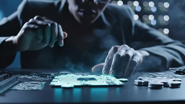 Hacker touches glowing circuit board at night. Criminal performs cyber attack on computer hardware. Hooded hacker with circuit board. Cybercrime targeting technology system at dark workspace.
