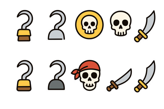 Pirate adventure flat icon set. Hooks, skulls, and cutlasses flat icons collection