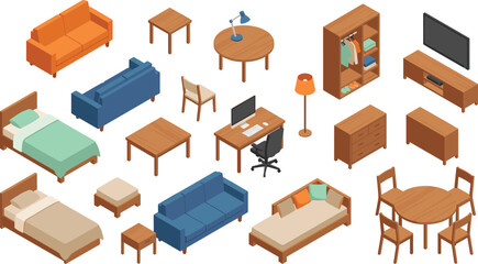 Isometric home furniture illustration set with sofas, beds, tables, chairs, office desk, living room and bedroom elements