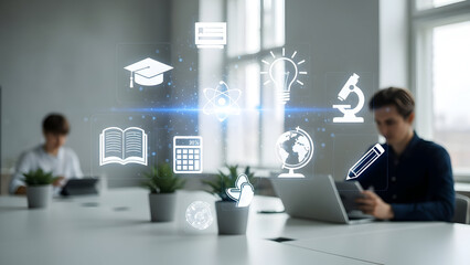 Modern professionals immersed in a digital learning environment, utilizing advanced technology and online education tools, represented by vibrant icons of knowledge and innovation
