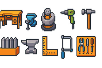 Workshop tool icon set. Pixel art industrial icons collection in 3d style