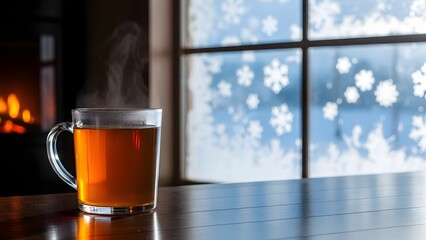Warm cup of tea on table by window with snowflakes on glass
