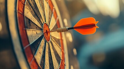 Bullseye hit with orange dart on dartboard in focus