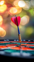 Dart hits bullseye on vibrant dartboard with bokeh lights