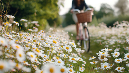 Cyclist riding bicycle through field path with wildflowers under cloudy sky enjoying nature and outdoor journey