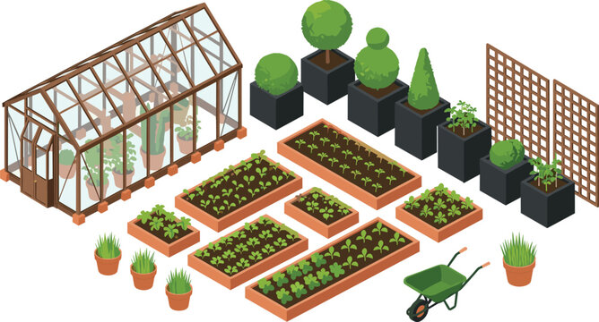 Isometric vegetable garden and greenhouse illustration set with raised beds, potted plants, trellis, tools, urban gardening flat vector