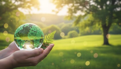 Hands holding a crystal ball with a green earth reflection symbolizing environmental protection and nature conservation in a lush landscape