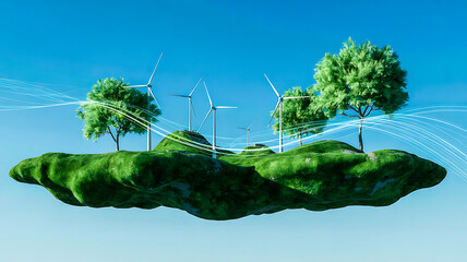 Floating island with windmills trees and blue sky
