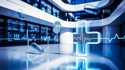 Futuristicmedicaltechwithpillsandcross