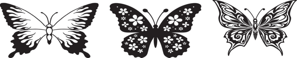 Three detailed black and white illustrations of butterflies with floral patterns © Kamrul Hasan 
