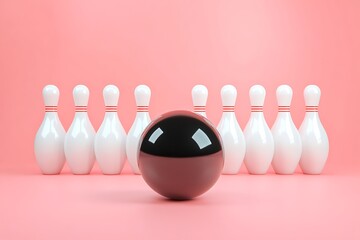 Bowling ball and pins on pink background for fun and games