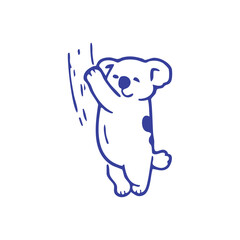 Fototapeta premium A blue line drawing of a koala bear happily hugging a tree