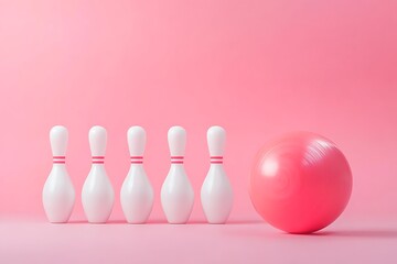 Pink bowling ball and pins on pink background for business concept