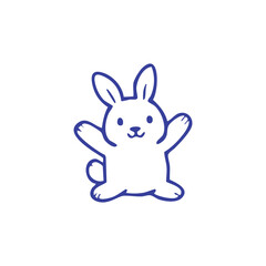 A simple blue outlined, friendly bunny with raised arms