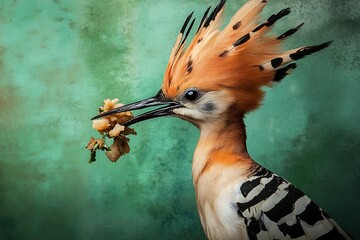Hoopoe bird with orange brown crest and striped wings holding food in its long black beak wildlife orange crest