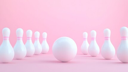White bowling ball and pins on pink background for fun and games