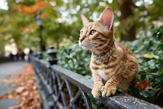 Portrait of a cute ocicat cat isolated in vibrant city park.