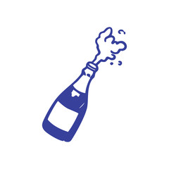 Blue outline of champagne bottle with escaping bubbles, white background