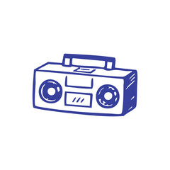 A blue doodle of a boombox with speakers, handle, and a control panel